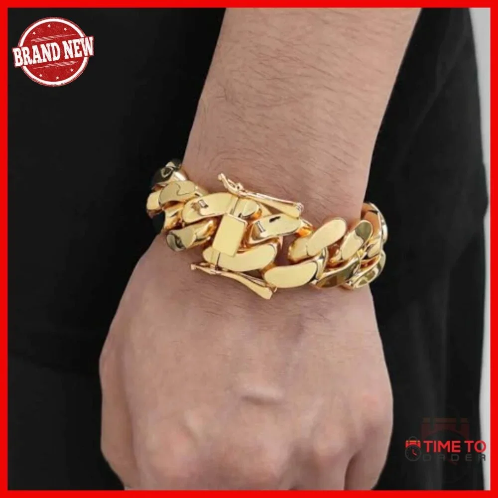Men's 18K Gold Cuban Chain Bracelet 22mm Wide 9 Inch Heavy Weight